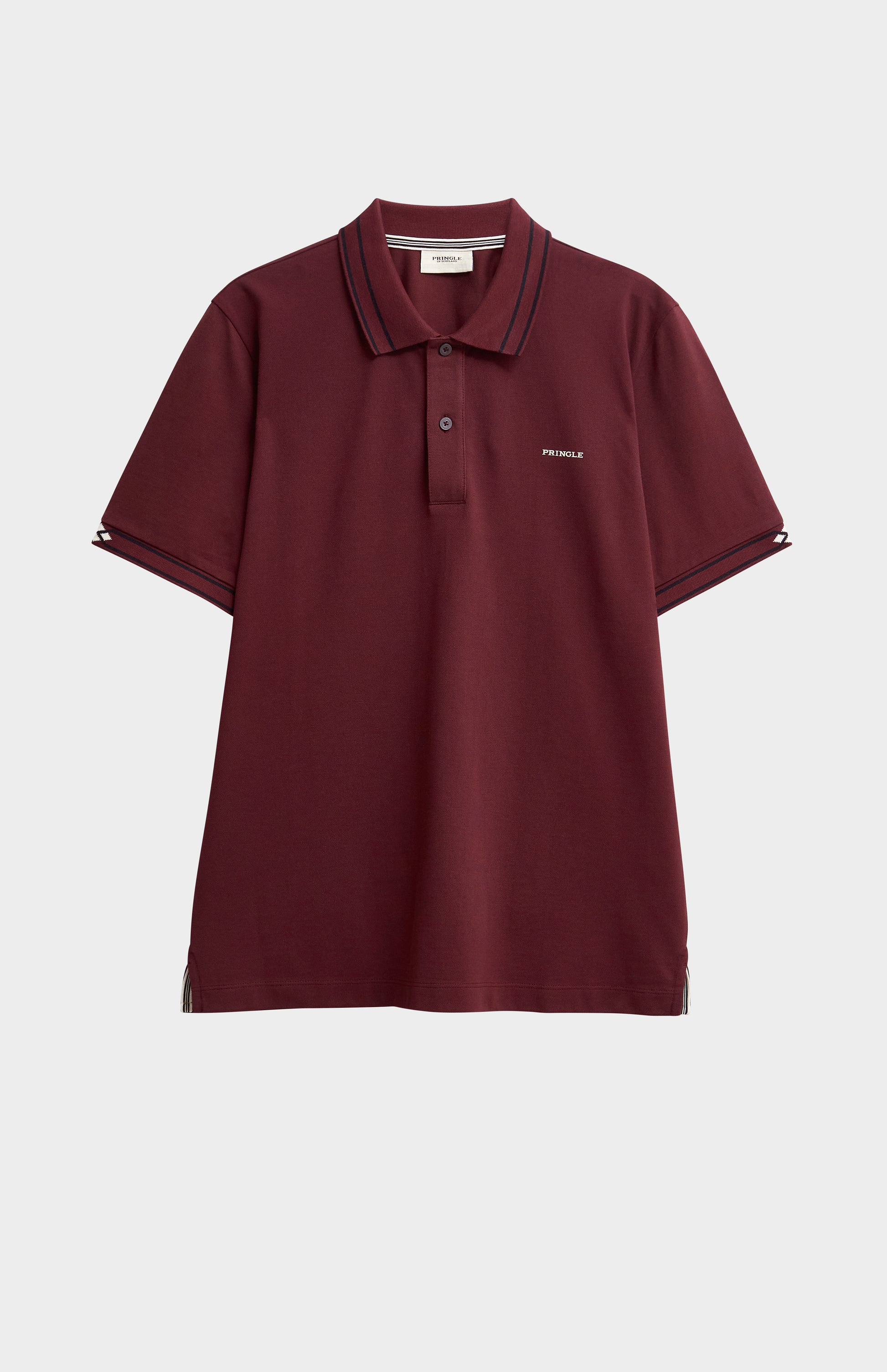 A burgundy polo shirt with black tipping details against a light grey background