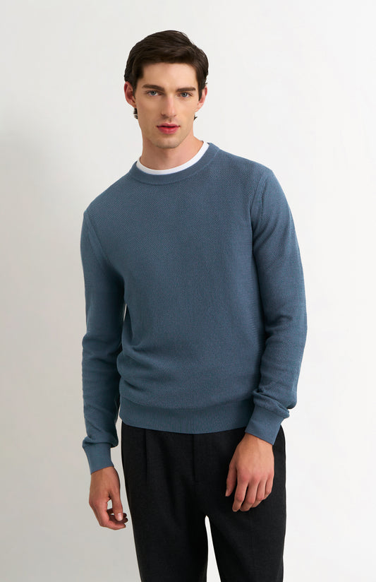 Men's Silk And Cotton Diamond Stitch Crew Neck Jumper In Blue
