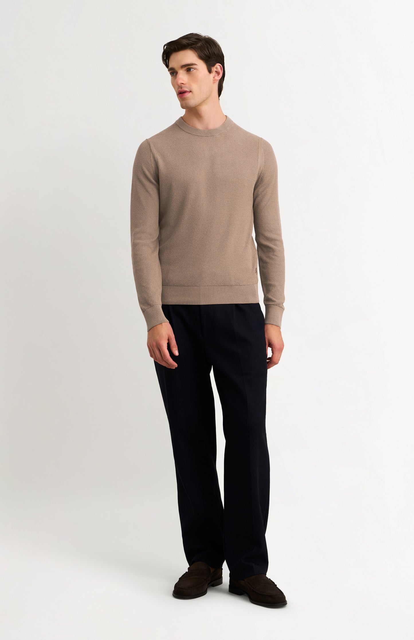 Men's Silk And Cotton Diamond Stitch Crew Neck Jumper In Mushroom