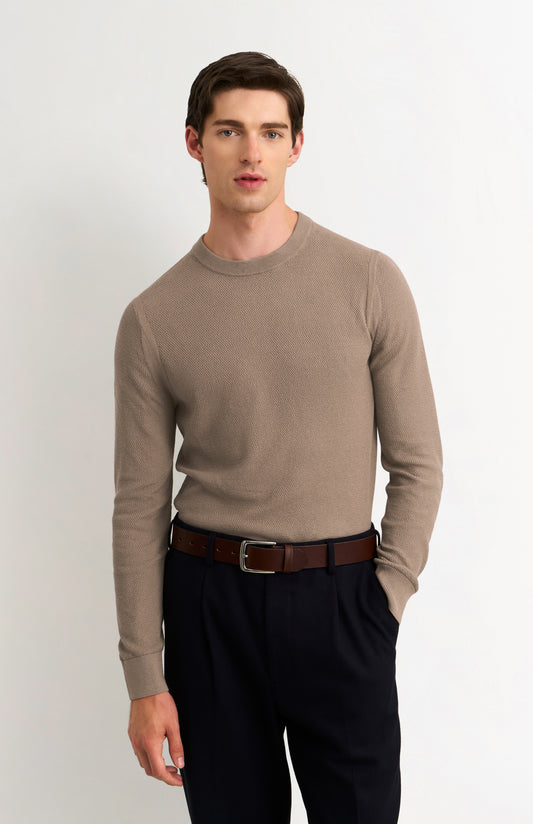 Men's Silk And Cotton Diamond Stitch Crew Neck Jumper In Mushroom