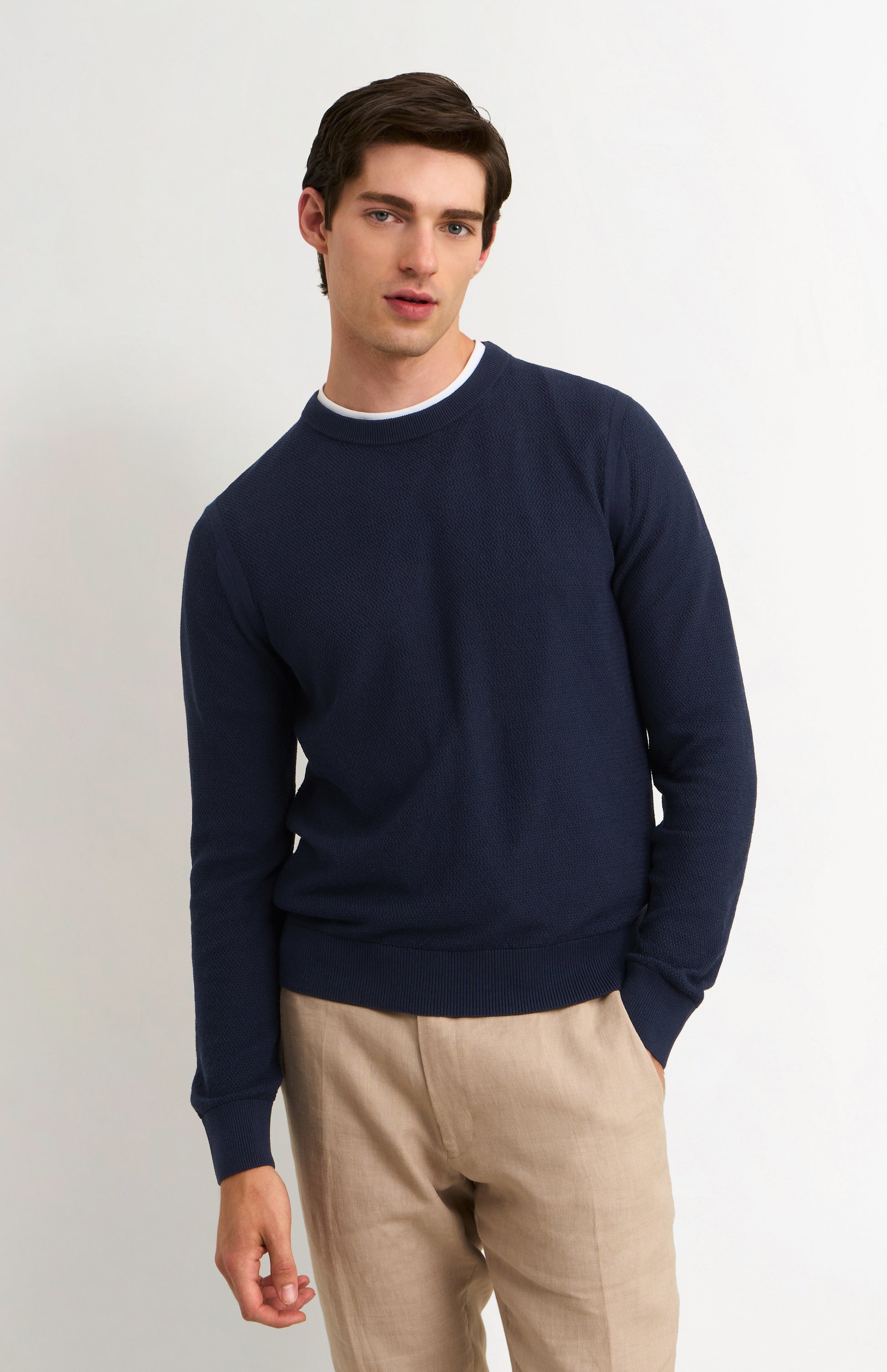 Men's Silk And Cotton Diamond Stitch Crew Neck Jumper In Navy