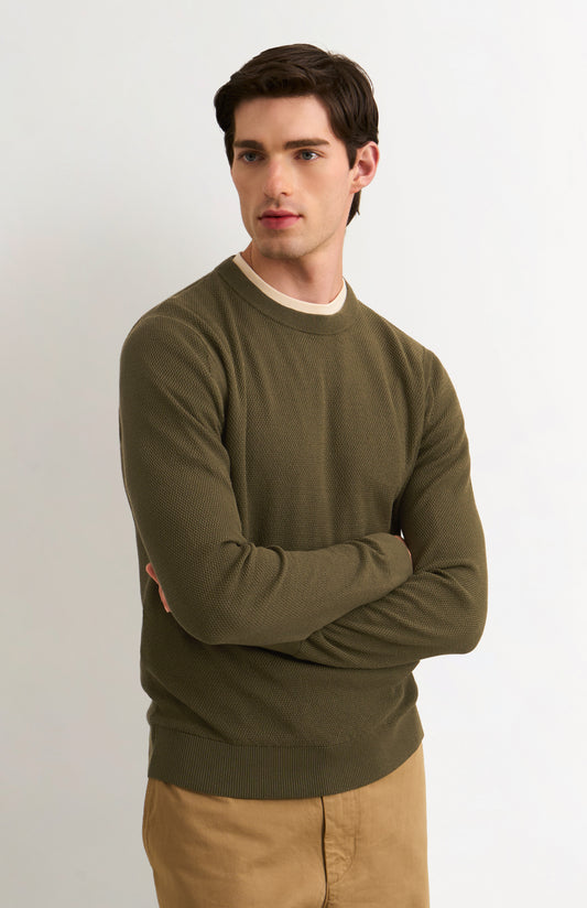 Men's Silk And Cotton Diamond Stitch Crew Neck Jumper In Olive Green
