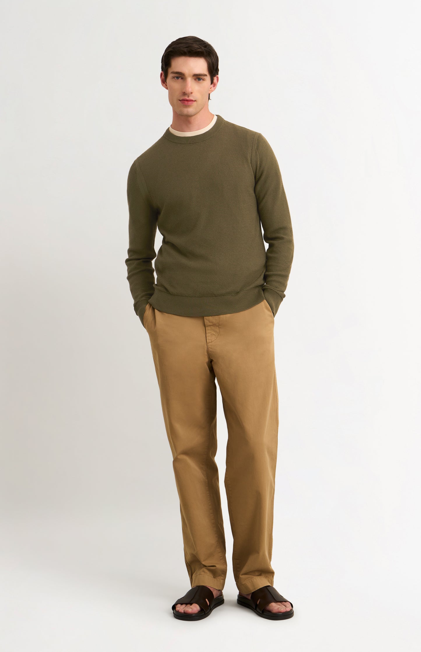 Men's Silk And Cotton Diamond Stitch Crew Neck Jumper In Olive Green