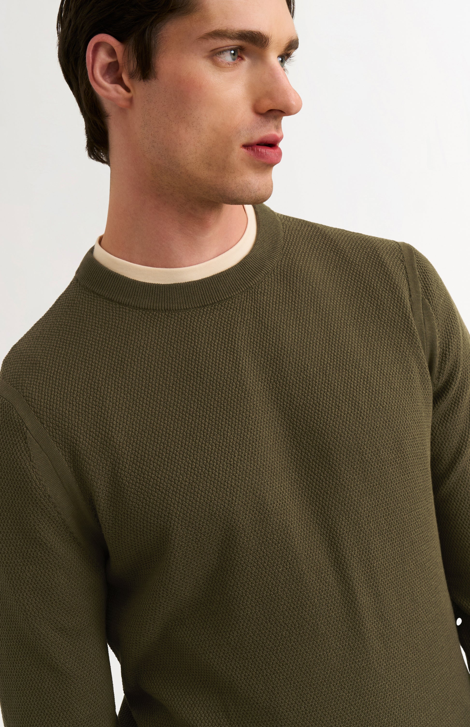 Men's Silk And Cotton Diamond Stitch Crew Neck Jumper In Olive Green