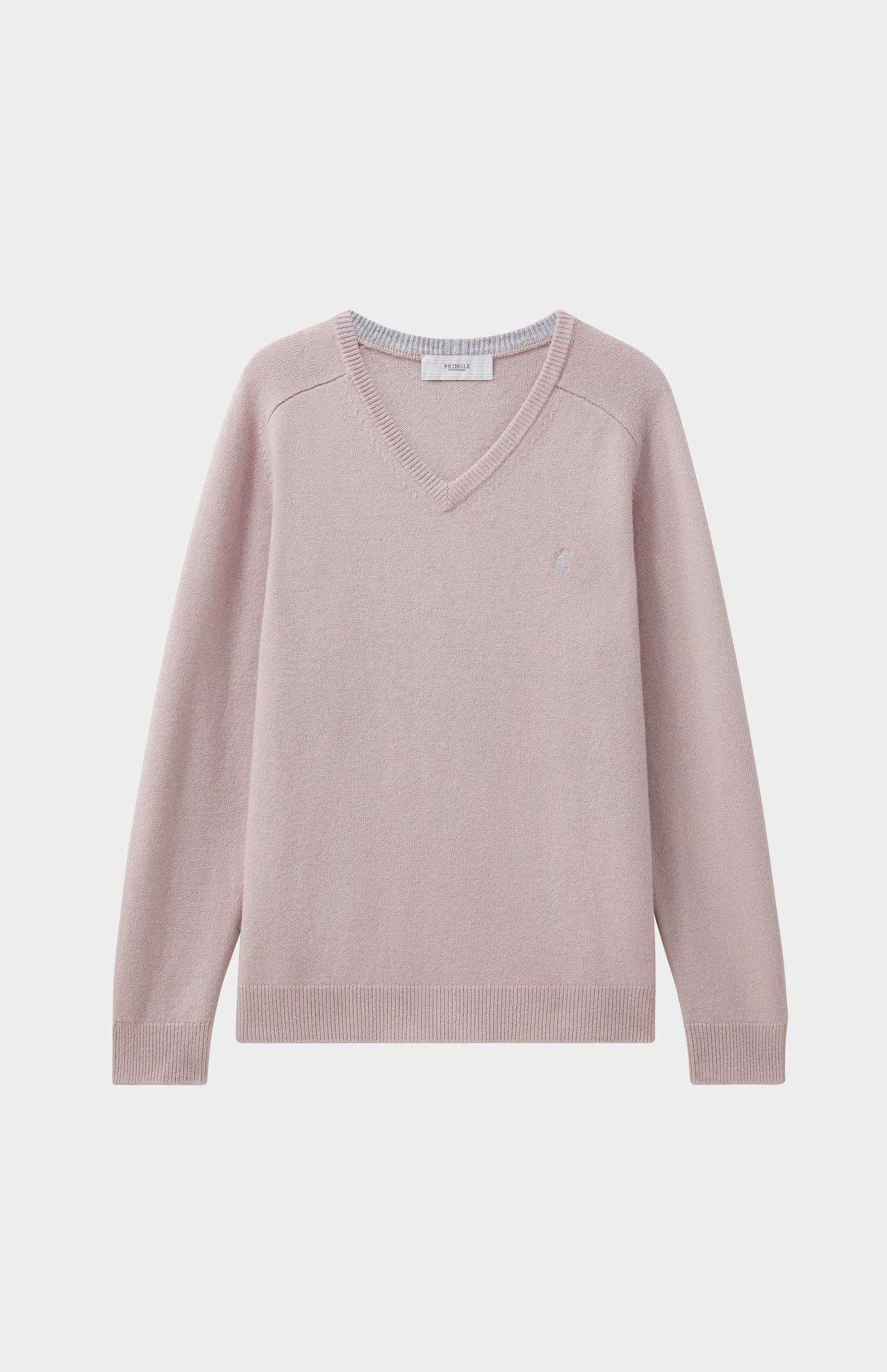 Pringle V Neck Lambswool Jumper in Dusty Pink with Contrast Tipping flat shot
