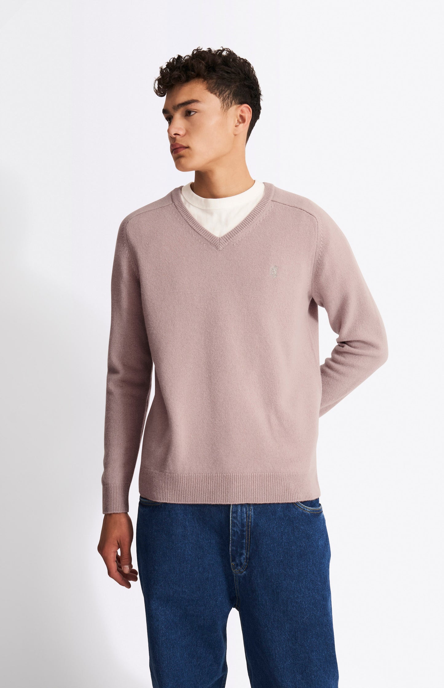 Pringle V Neck Lambswool Jumper in Dusty Pink with Contrast Tipping