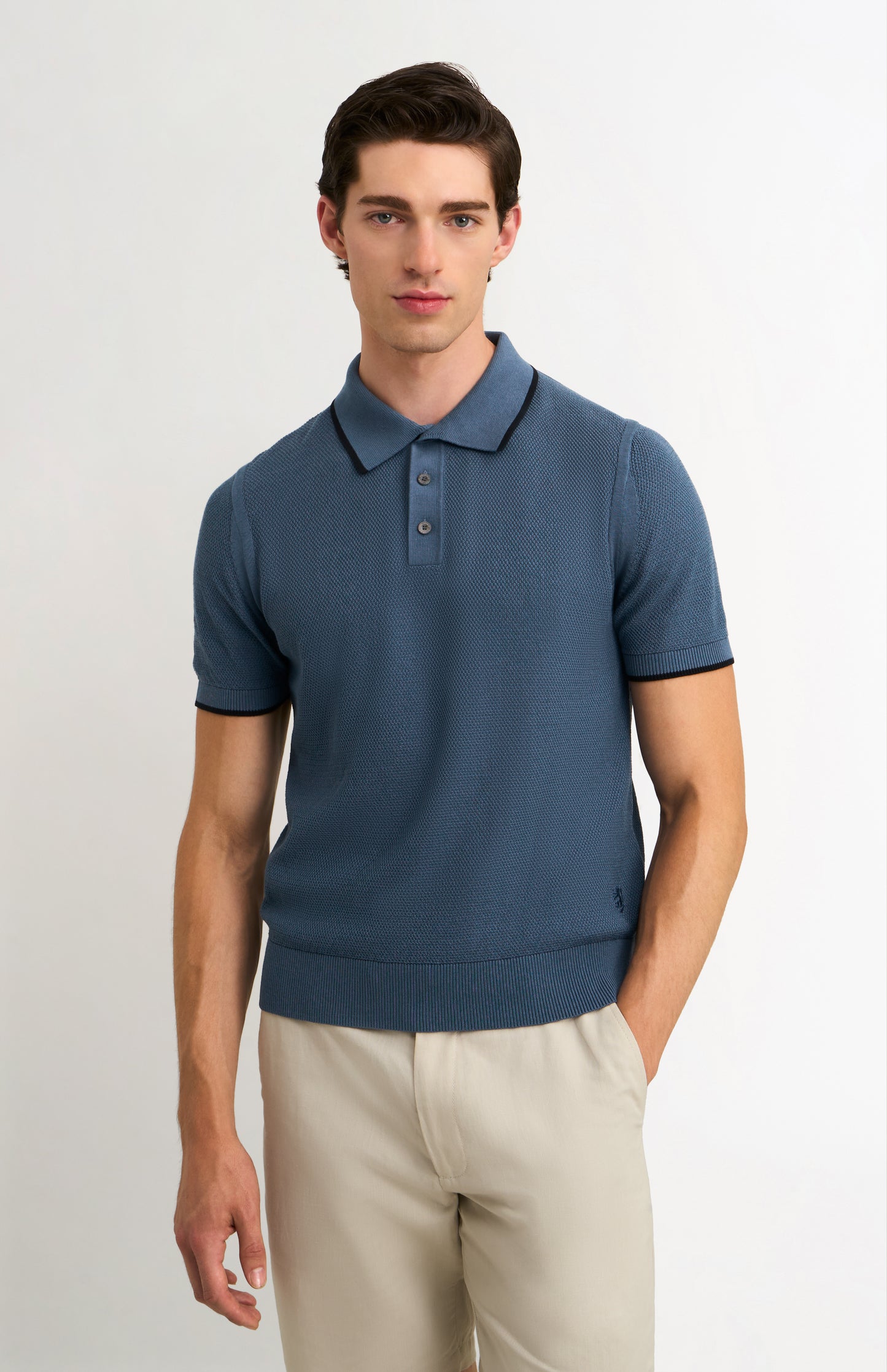 Men's Silk And Cotton Diamond Stitch Polo Shirt In Blue