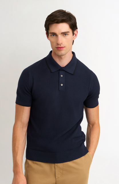 Men's Silk And Cotton Diamond Stitch Polo Shirt In Navy