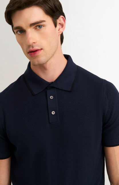 Men's Silk And Cotton Diamond Stitch Polo Shirt In Navy