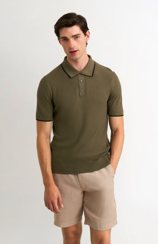 Men's Silk And Cotton Diamond Stitch Polo Shirt In Olive Green