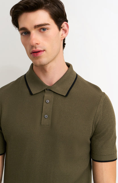Men's Silk And Cotton Diamond Stitch Polo Shirt In Olive Green