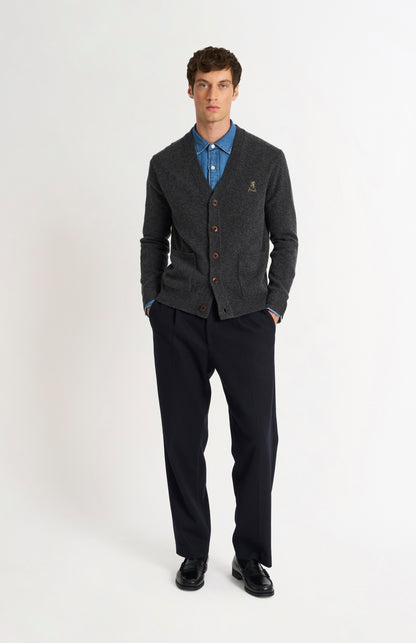 Pringle of Scotland Men’s Lambswool Cardigan In Charcoal on standing model