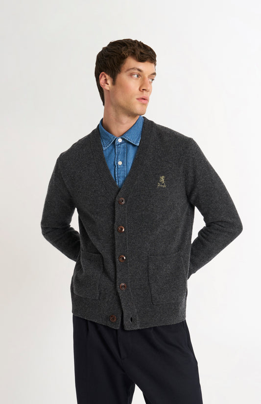 Pringle of Scotland Men’s Lambswool Cardigan In Charcoal on model