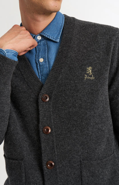 Pringle of Scotland Men’s Lambswool Cardigan In Charcoal showing button detail