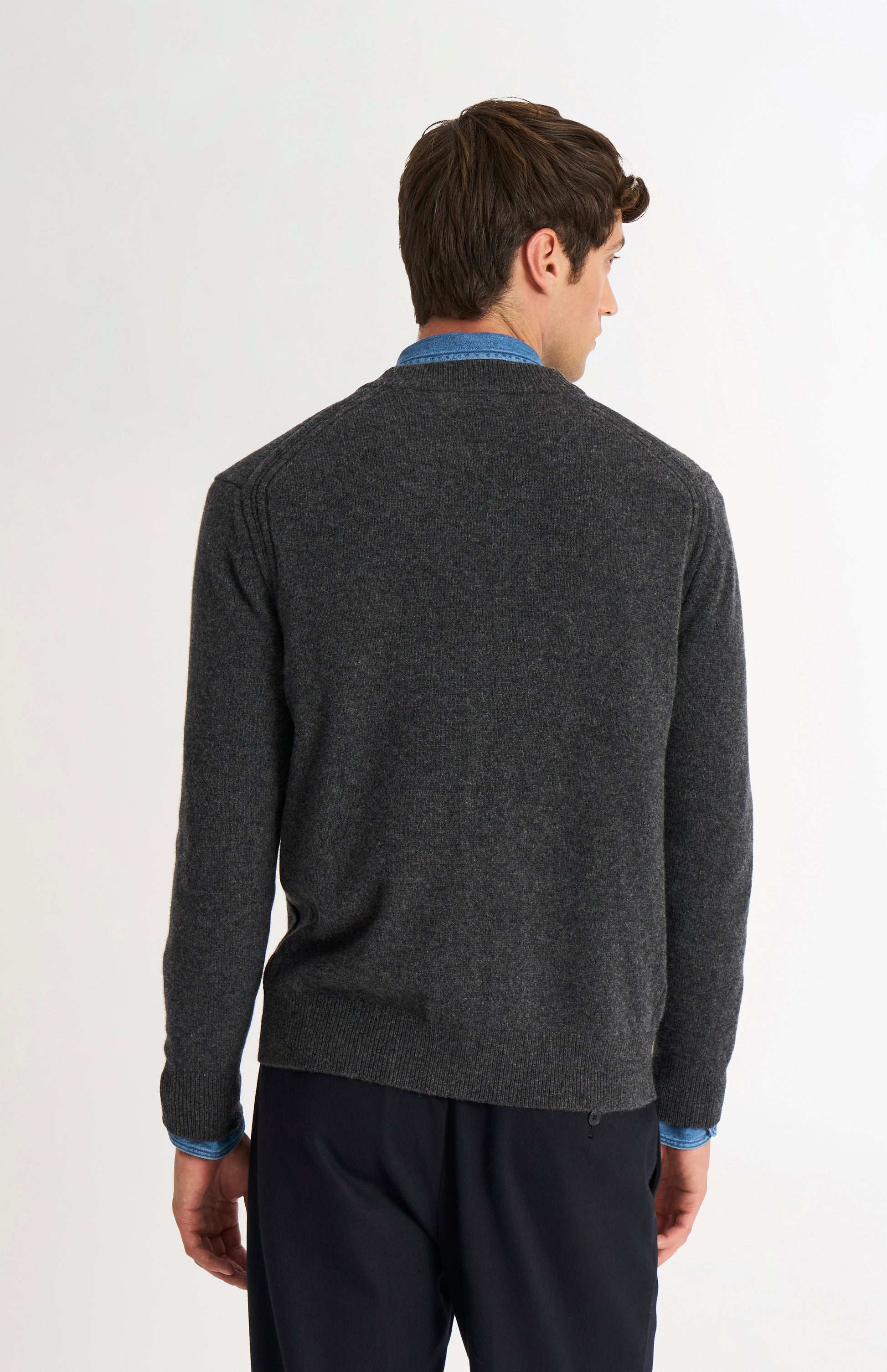 Pringle of Scotland Men’s Lambswool Cardigan In Charcoal rear view