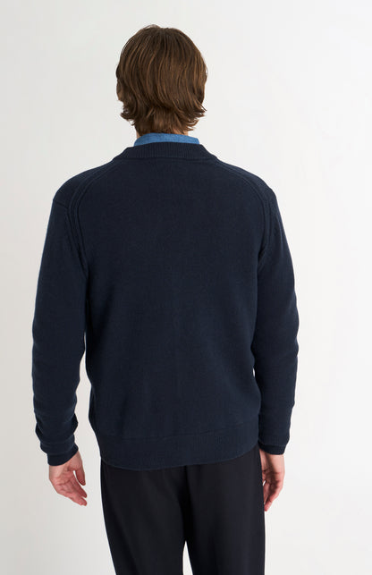 Pringle of Scotland Men’s Lambswool Cardigan In Navy Blue rear view
