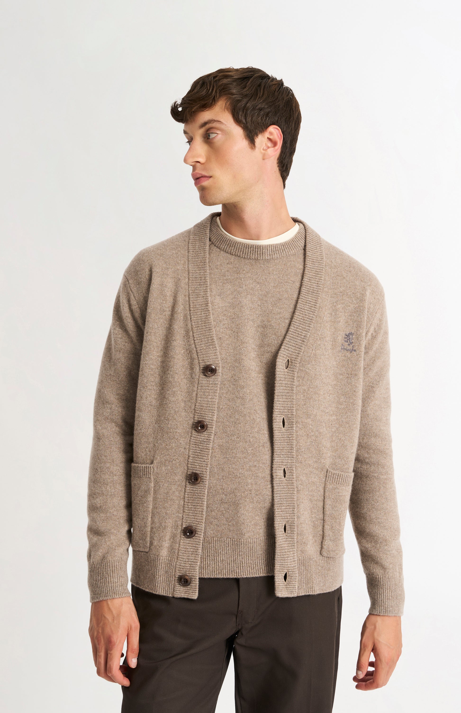 Pringle of Scotland Men’s Lambswool Cardigan In Mushroom on model