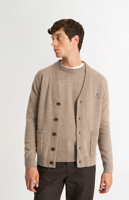 Pringle of Scotland Men’s Lambswool Cardigan In Mushroom on model