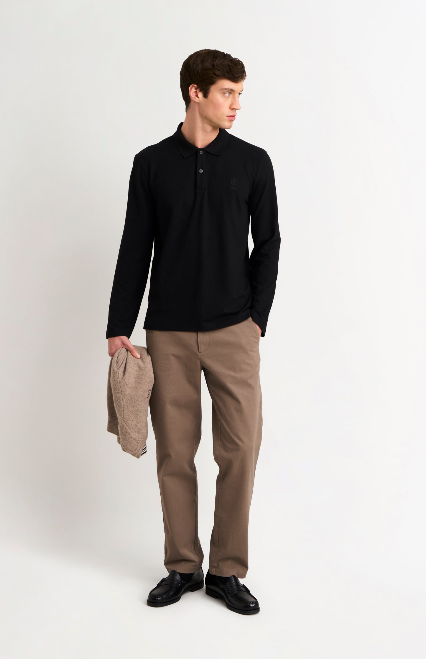 Men's Cotton Pique Long Sleeve Polo Shirt In Black