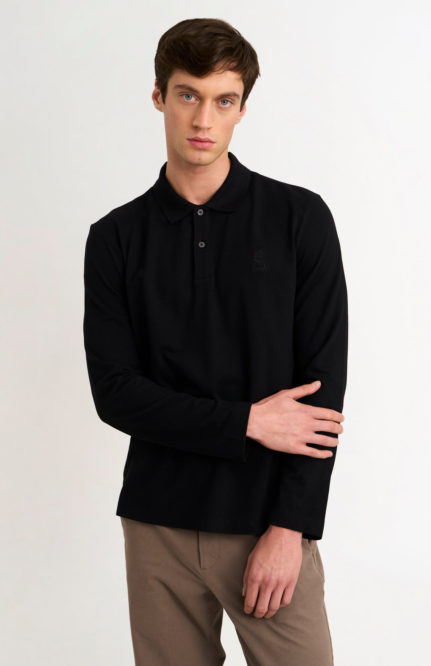 Men's Cotton Pique Long Sleeve Polo Shirt In Black