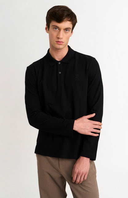 Men's Cotton Pique Long Sleeve Polo Shirt In Black
