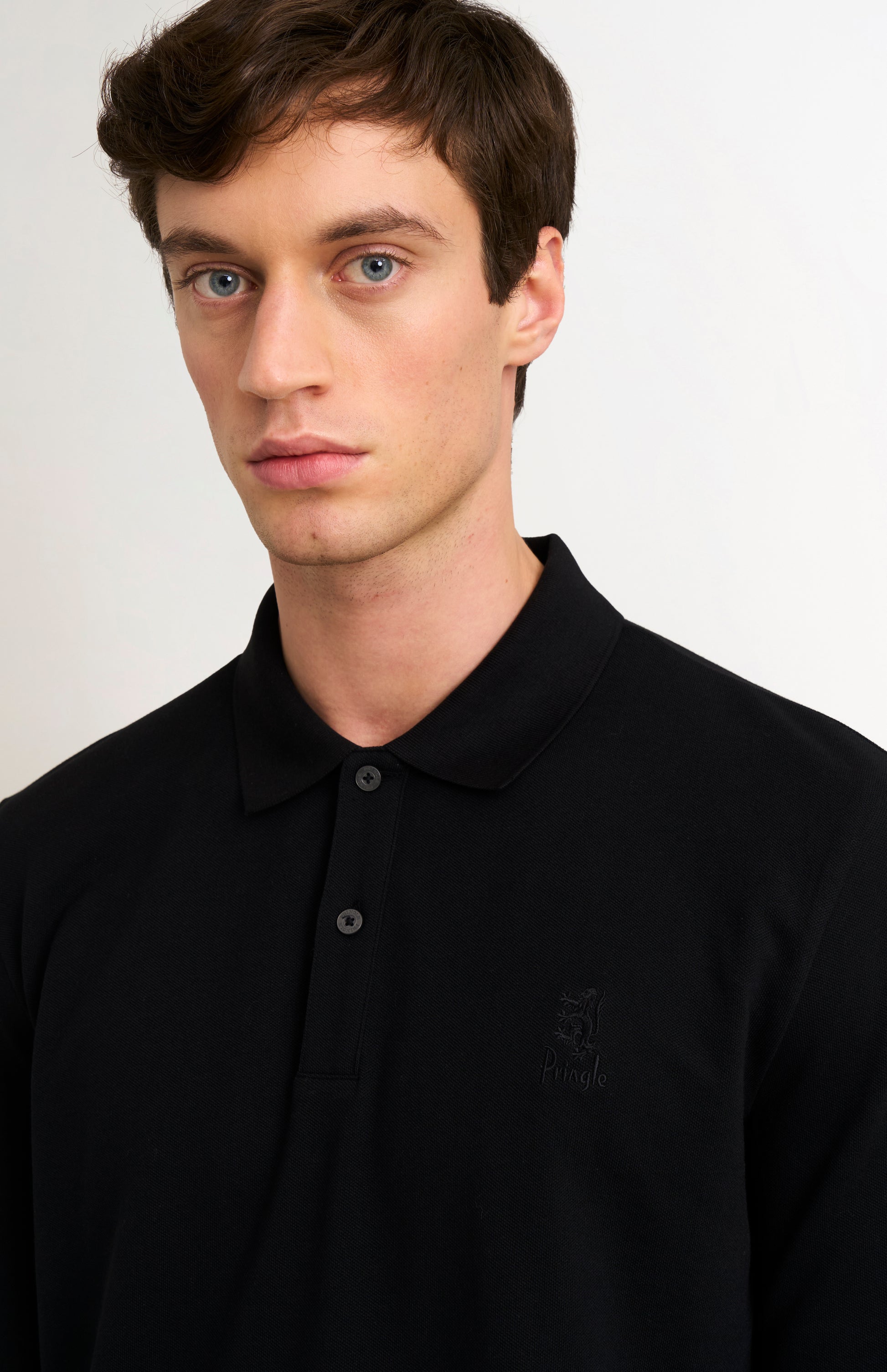 Men's Cotton Pique Long Sleeve Polo Shirt In Black