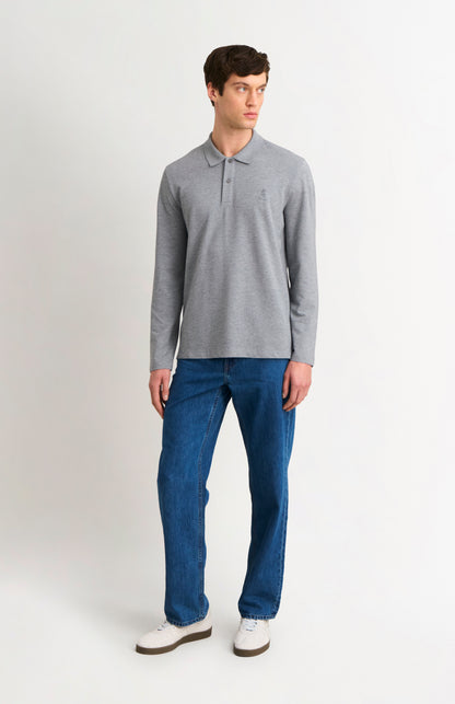 Men's Cotton Pique Long Sleeve Polo Shirt In Grey Melange