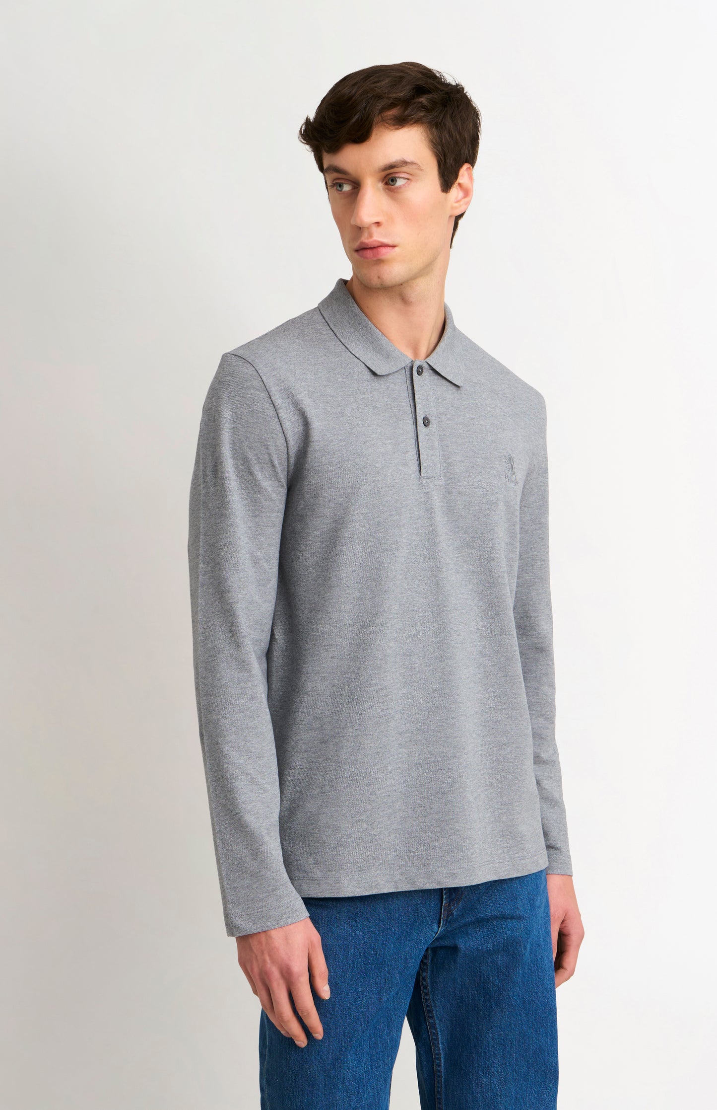 Men's Cotton Pique Long Sleeve Polo Shirt In Grey Melange