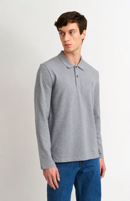 Men's Cotton Pique Long Sleeve Polo Shirt In Grey Melange