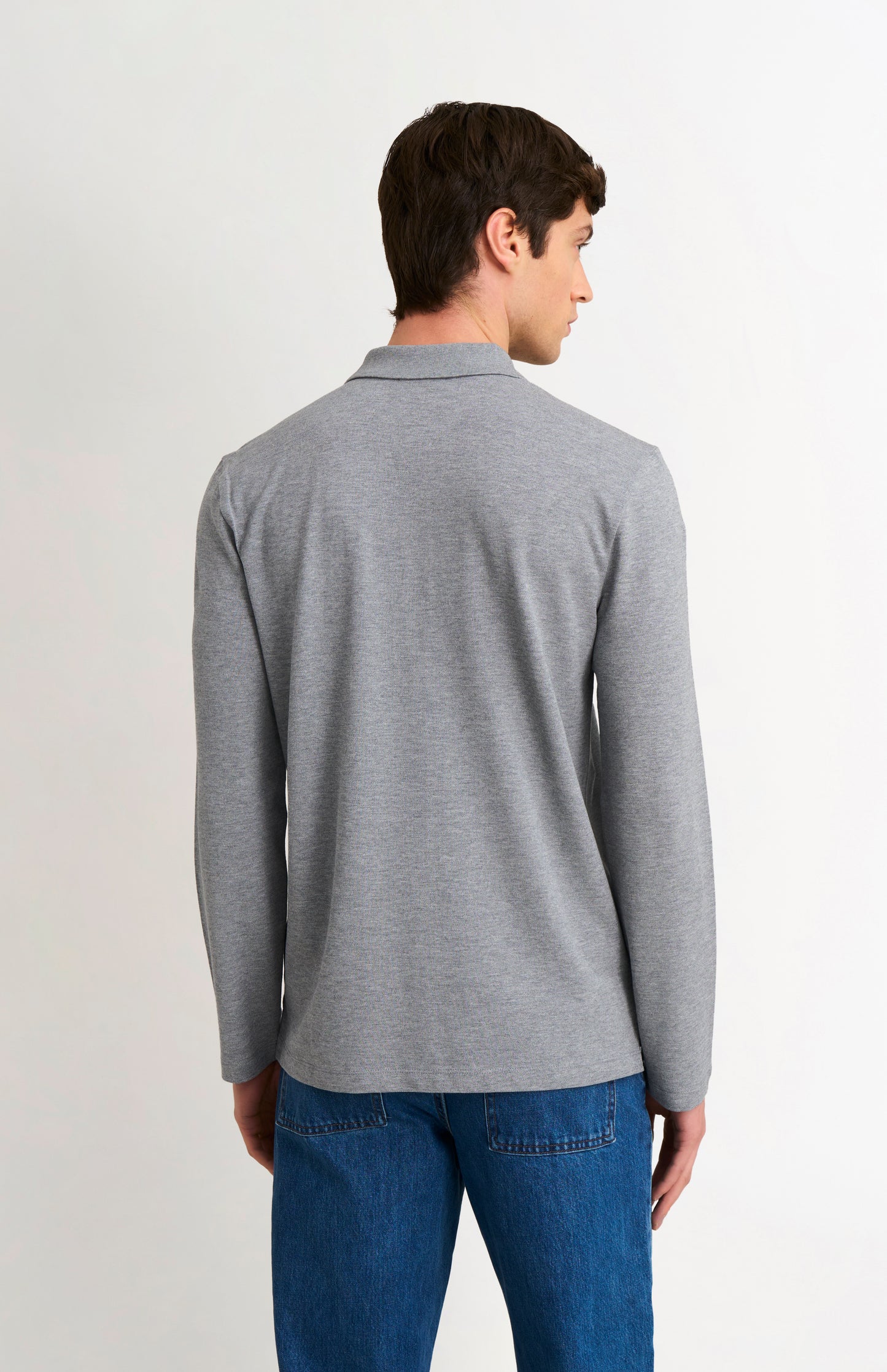 Men's Cotton Pique Long Sleeve Polo Shirt In Grey Melange