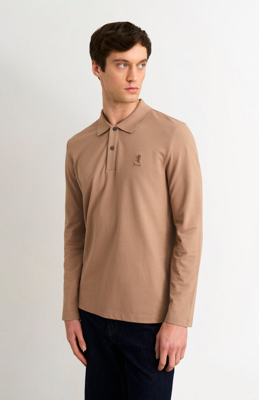 Men's Cotton Pique Long Sleeve Polo Shirt In Mushroom