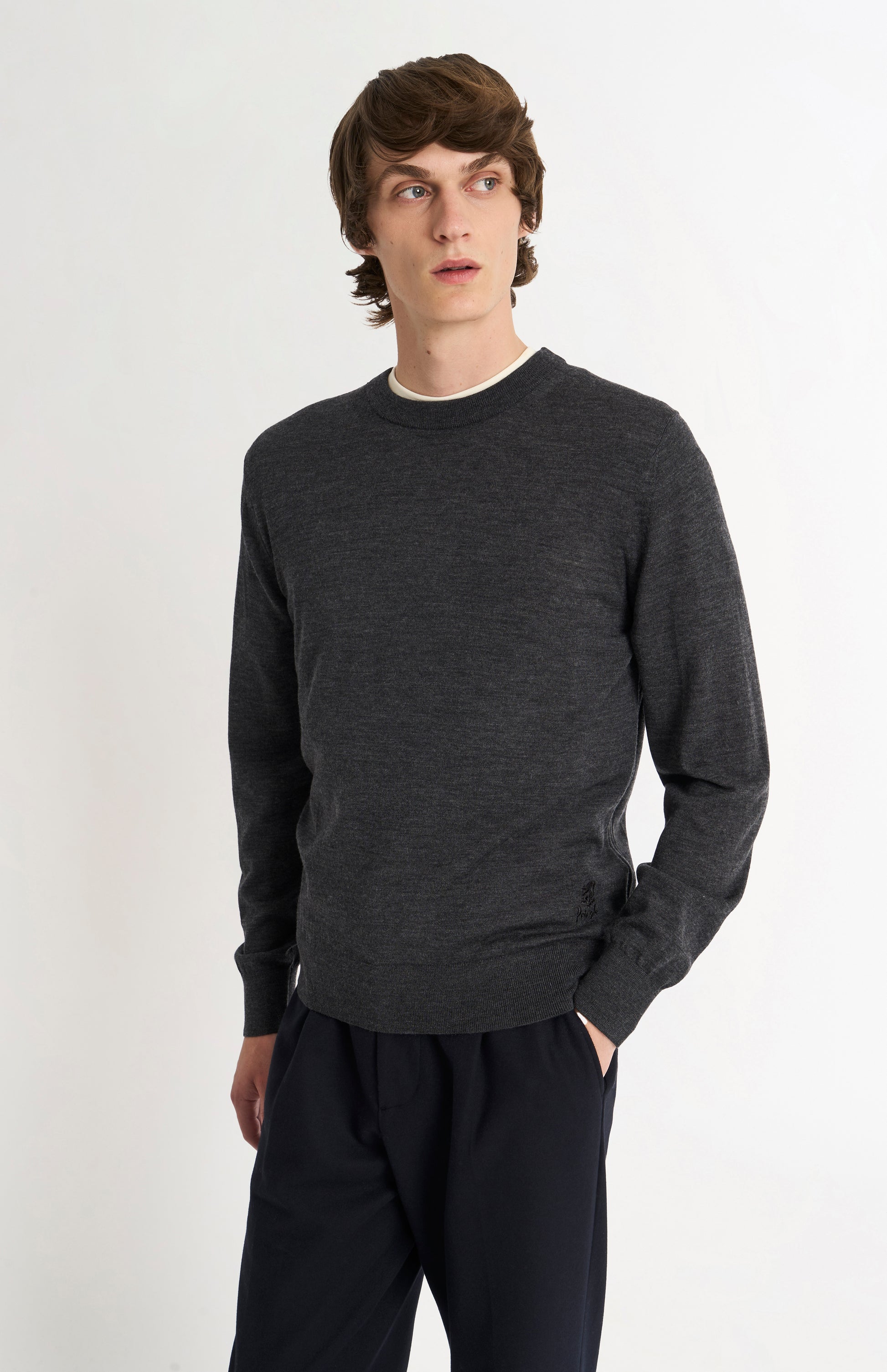 Pringle Men’s Merino Wool Crew Neck Jumper In Charcoal Melange on model