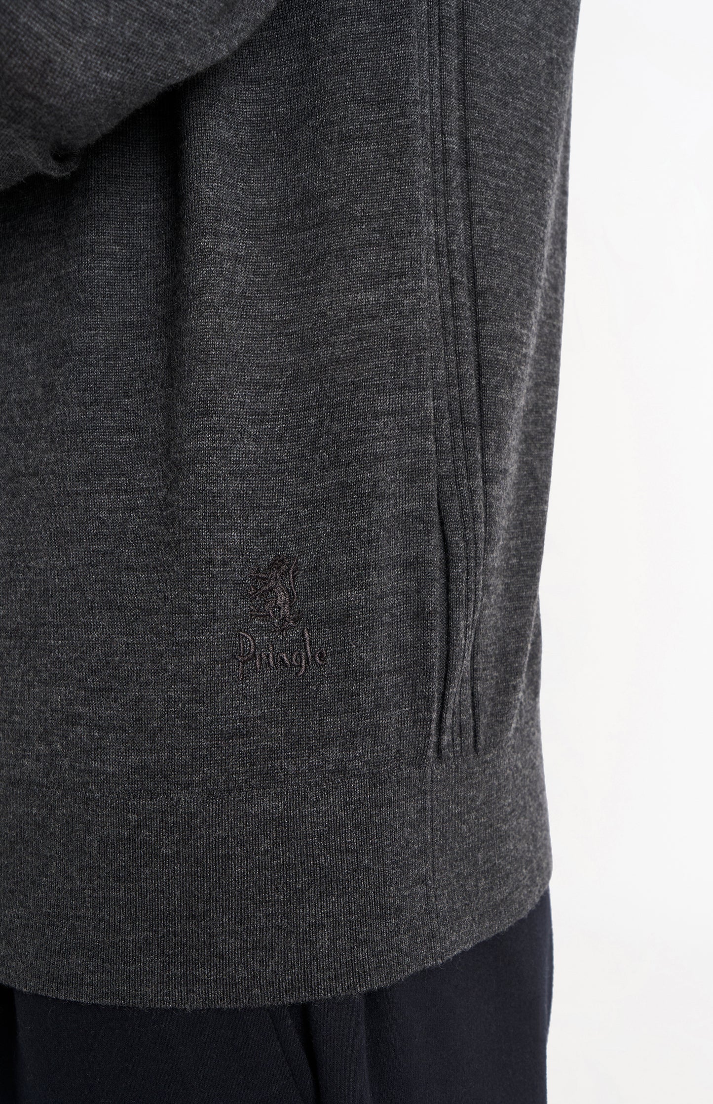 Pringle Men’s Merino Wool Crew Neck Jumper In Charcoal Melange lion embroidery detail