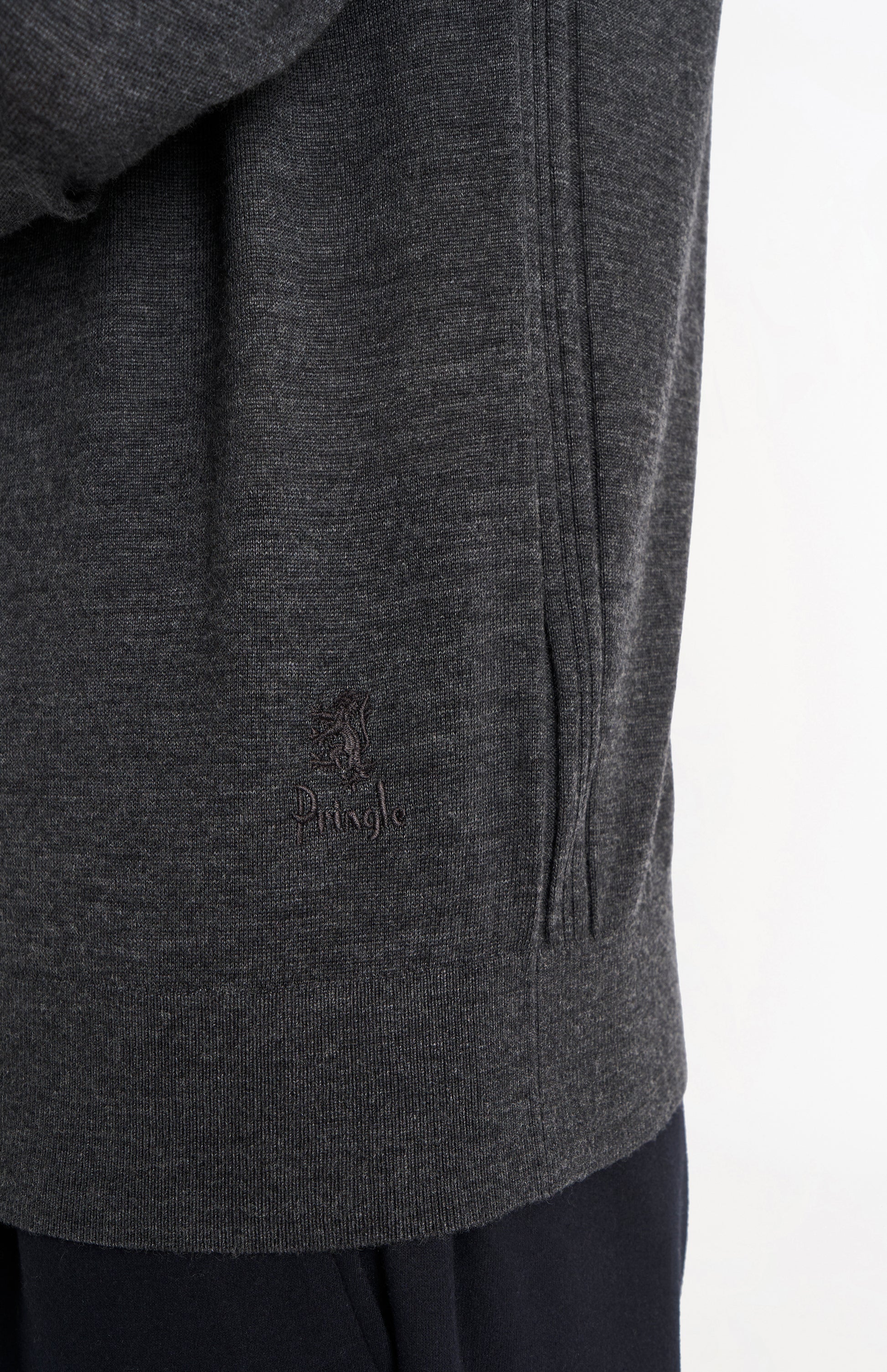 Pringle Men’s Merino Wool Crew Neck Jumper In Charcoal Melange lion embroidery detail