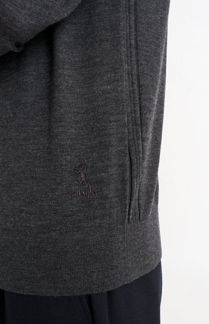 Pringle Men’s Merino Wool Crew Neck Jumper In Charcoal Melange lion embroidery detail