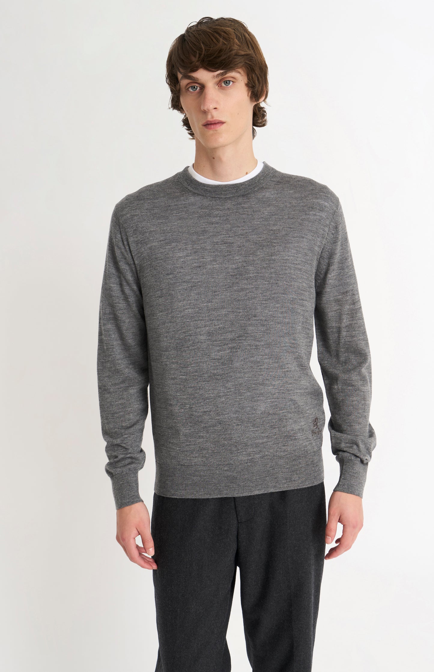 Pringle of Scotland Men’s Merino Wool Crew Neck Jumper In Grey Melange on model