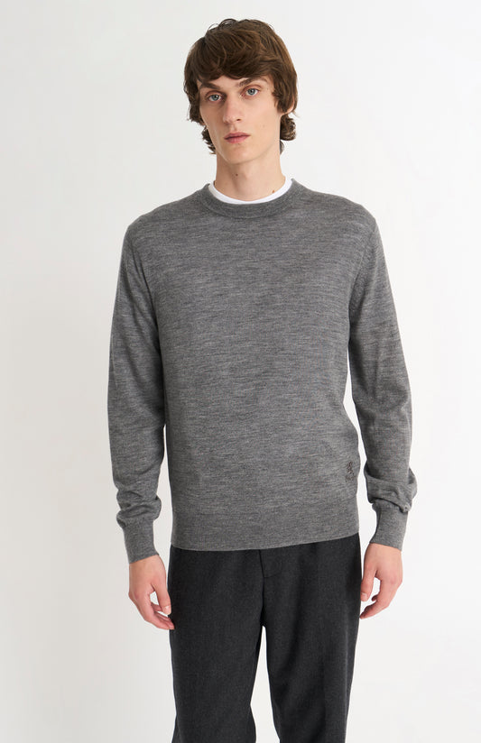 Pringle of Scotland Men’s Merino Wool Crew Neck Jumper In Grey Melange on model