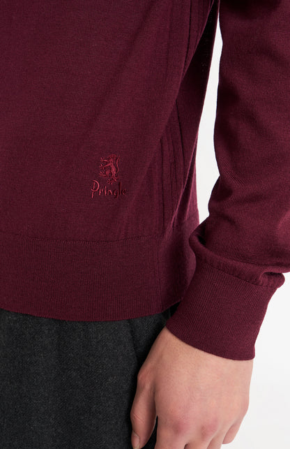 Pringle of Scotland Men’s Merino Wool Crew Neck Jumper In Burgundy showing rib and cuff detail