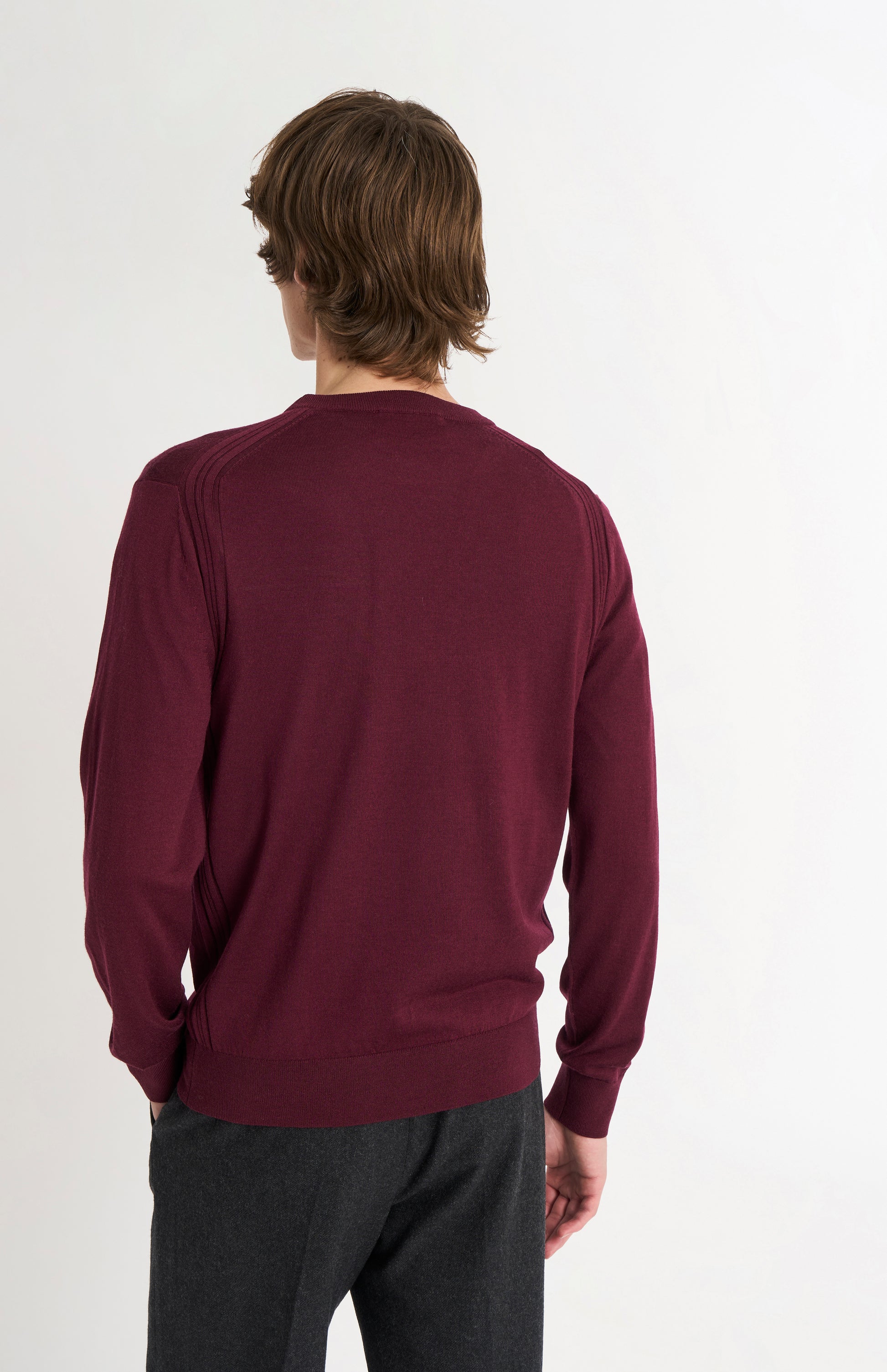 Pringle of Scotland Men’s Merino Wool Crew Neck Jumper In Burgundy rear view