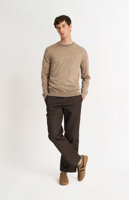 Pringle Men's Crew Neck Extra Fine Merino Wool Jumper In Mushroom on standing model