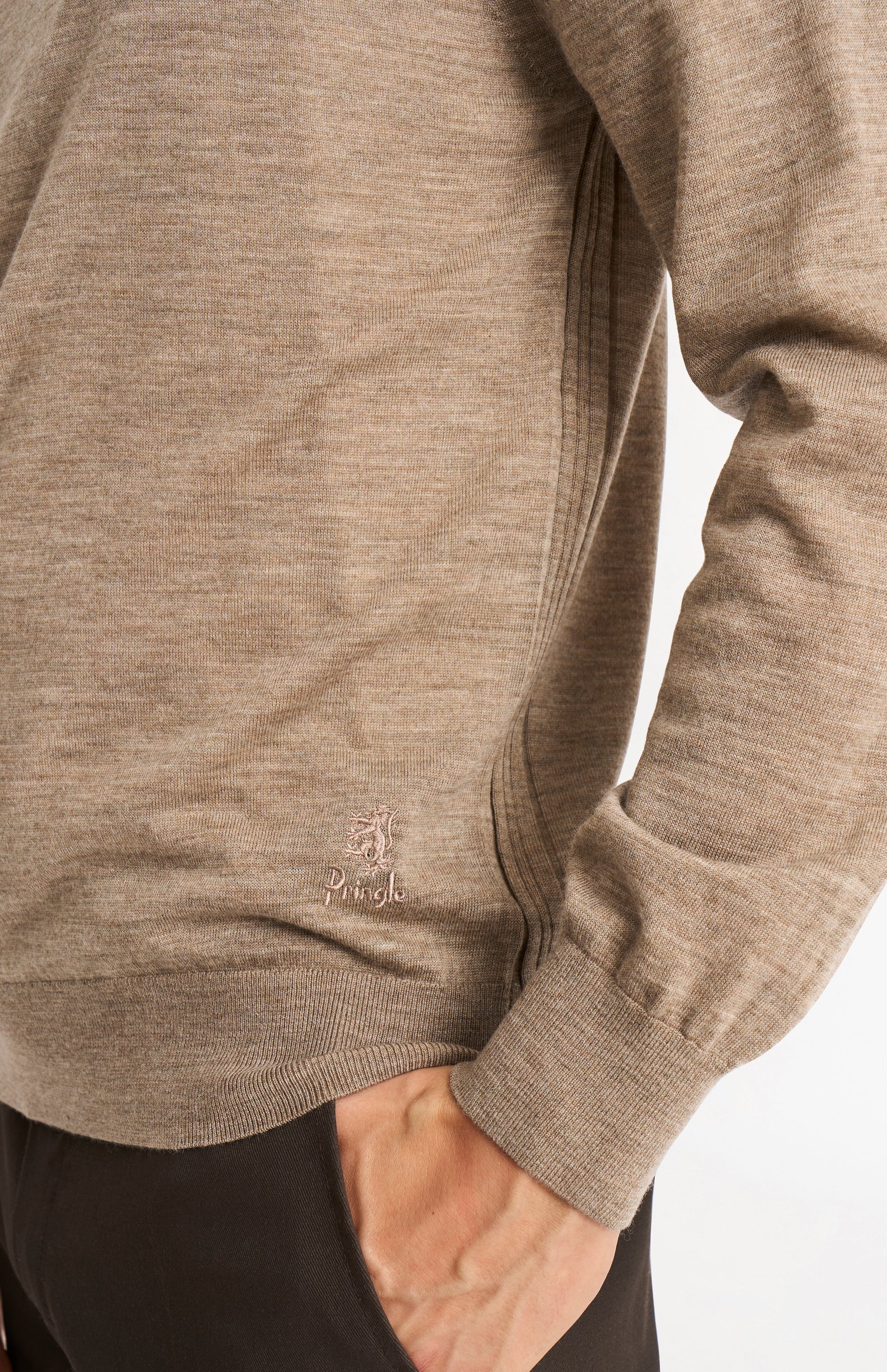 Pringle Men's Crew Neck Extra Fine Merino Wool Jumper In Mushroom showing embroidery detail