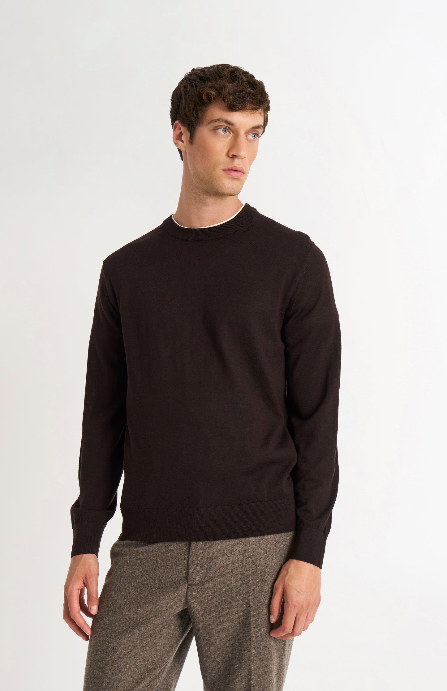 Pringle of Scotland Men’s Merino Wool Crew Neck Jumper In Dark Brown on model