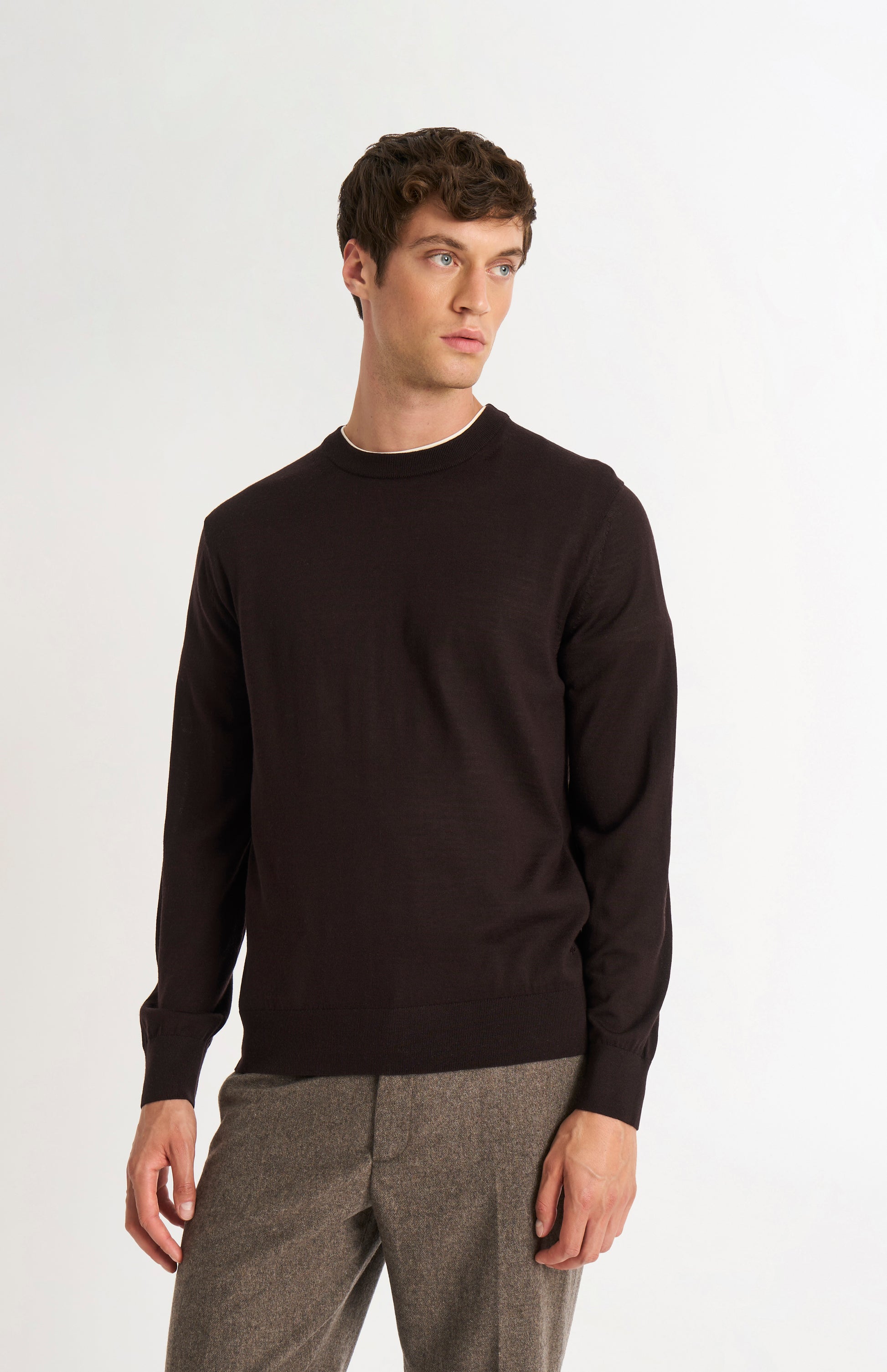 Pringle of Scotland Men’s Merino Wool Crew Neck Jumper In Dark Brown on model