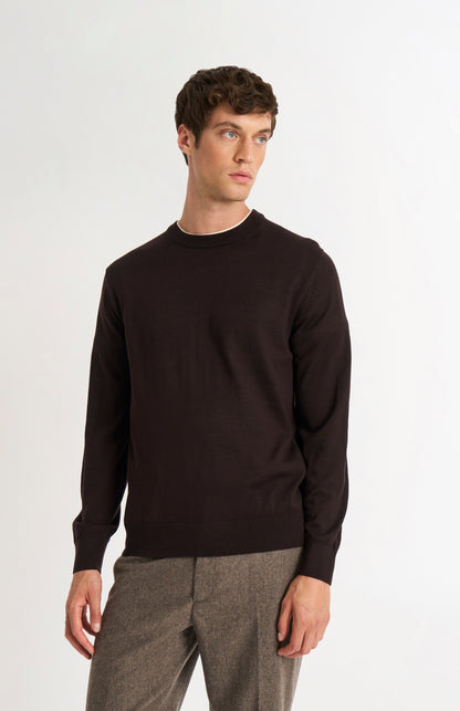 Pringle of Scotland Men’s Merino Wool Crew Neck Jumper In Dark Brown on model
