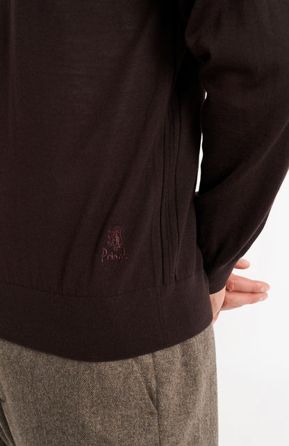 Pringle of Scotland Men’s Merino Wool Crew Neck Jumper In Dark Brown showing embroidery detail