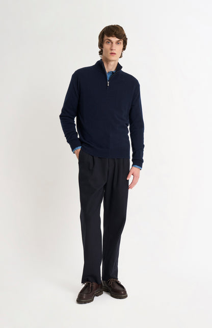 Pringle of Scotland Men’s Cashmere Qtr Zip Jumper In Navy Blue on standing model