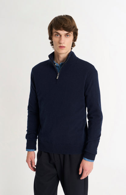 Pringle of Scotland Men’s Cashmere Qtr Zip Jumper In Navy Blue on model
