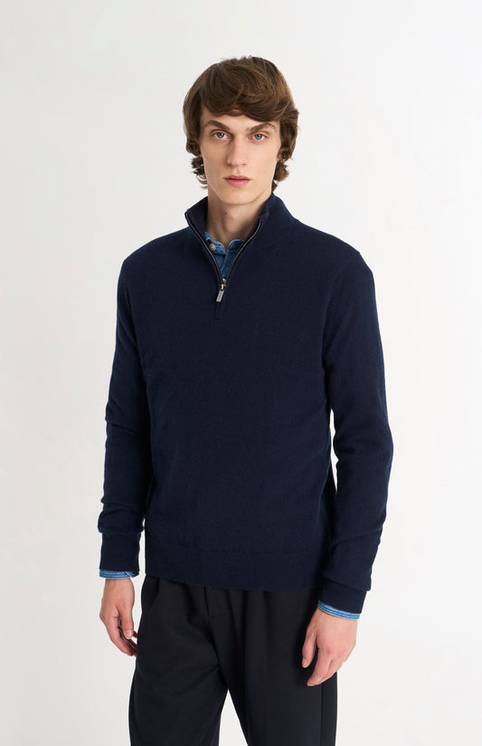 Pringle of Scotland Men’s Cashmere Qtr Zip Jumper In Navy Blue on model