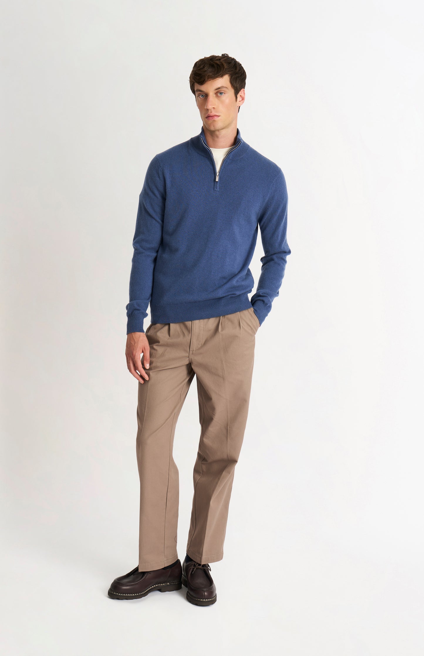 Pringle of Scotland Men’s Cashmere Qtr Zip Jumper In Bering Sea Blue on standing model