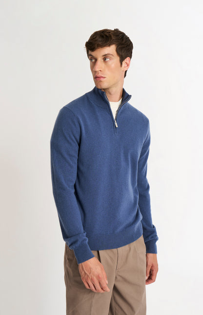 Pringle of Scotland Men’s Cashmere Qtr Zip Jumper In Bering Sea Blue on model